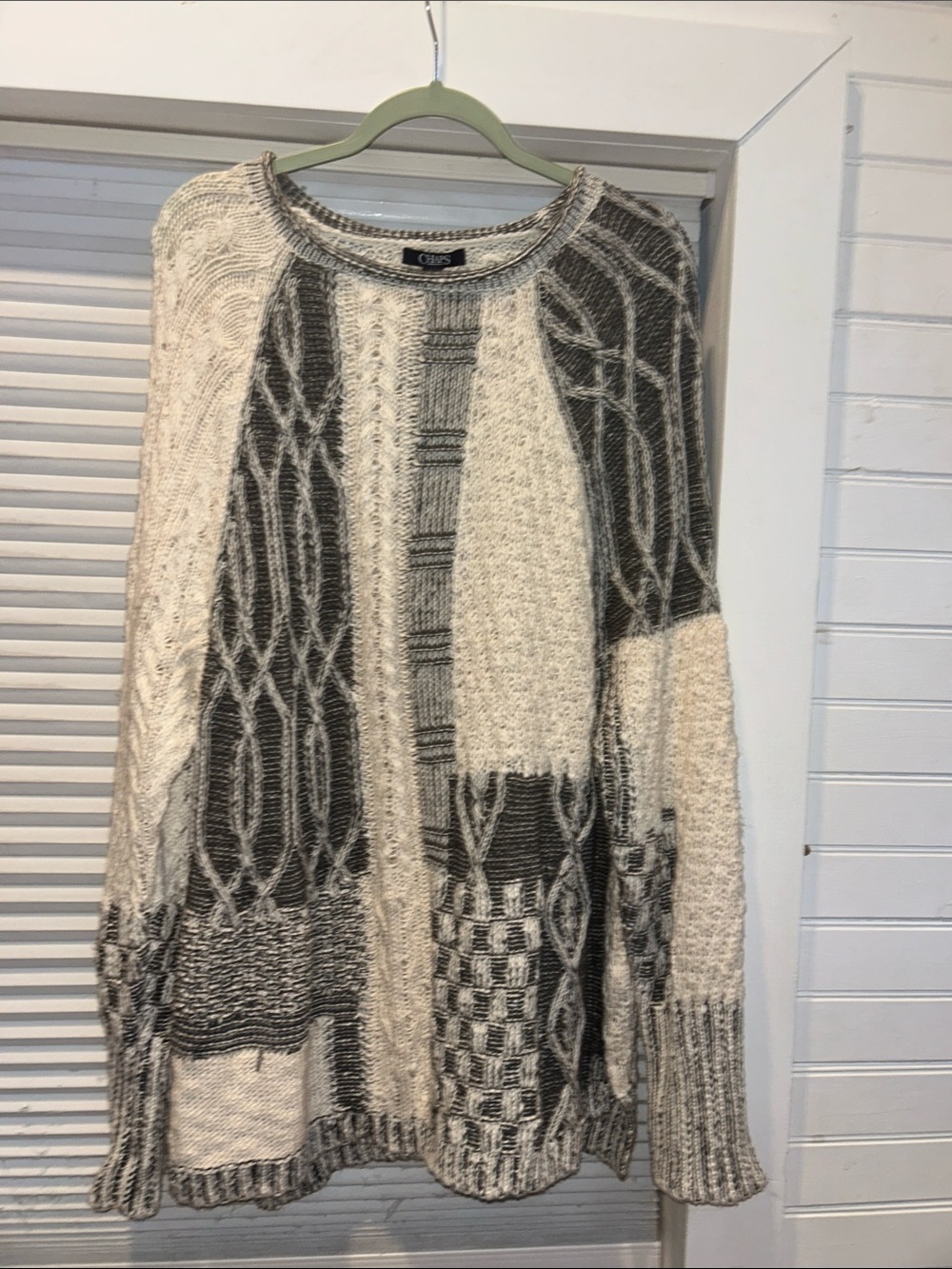 Chaps Patchwork Cable Knit Sweater Cream Gray Chunky Mixed Stitch XXL NWT